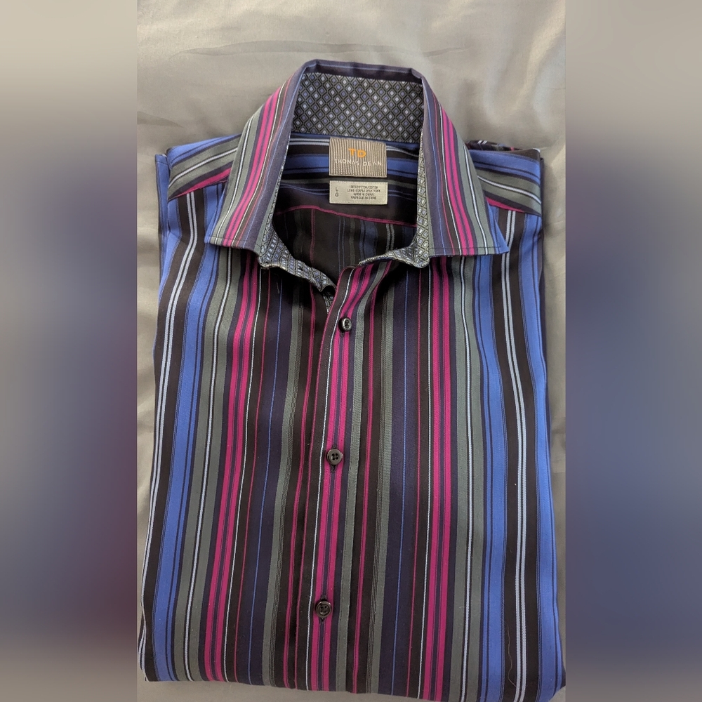 THOMAS DEAN LARGE MEN'S LONG SLEEVE DRESS SHIRT BLACK BLUE GRAY FUCHSIA PERFECT!